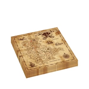 May include: A stack of brown paper napkins with a vintage treasure map design. The map features a skull and crossbones, islands, and the words "Treasure Map", "Coral Sea", and "Southern Sea".