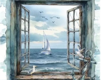 Sea View Lunch Decoupage Napkin, 6.5" x 6.5", Coastal, Nautical, Ocean