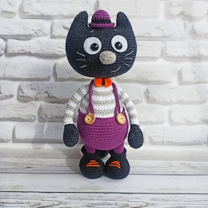 Gato preto, bicho de pelúcia, presente para amantes de gatos, enfeite de gato, gato de crochê, gatinho fofo, animal de crochê, presente de crochê, escultura de gato