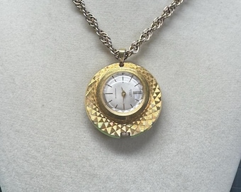 Vintage 1970s Hampden Pendant Watch – 17 Jewel Mechanical, Gold-Tone Textured Case, 22” Chain, Working
