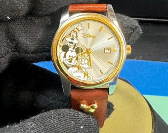 Vintage Disney Mickey Mouse Watch Donald Duck Date Watch Brown Strap