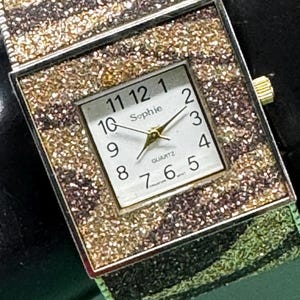 Vintage Gold Tone Cuff Watch, Quartz Bracelet Style, Hinged Bangle Design