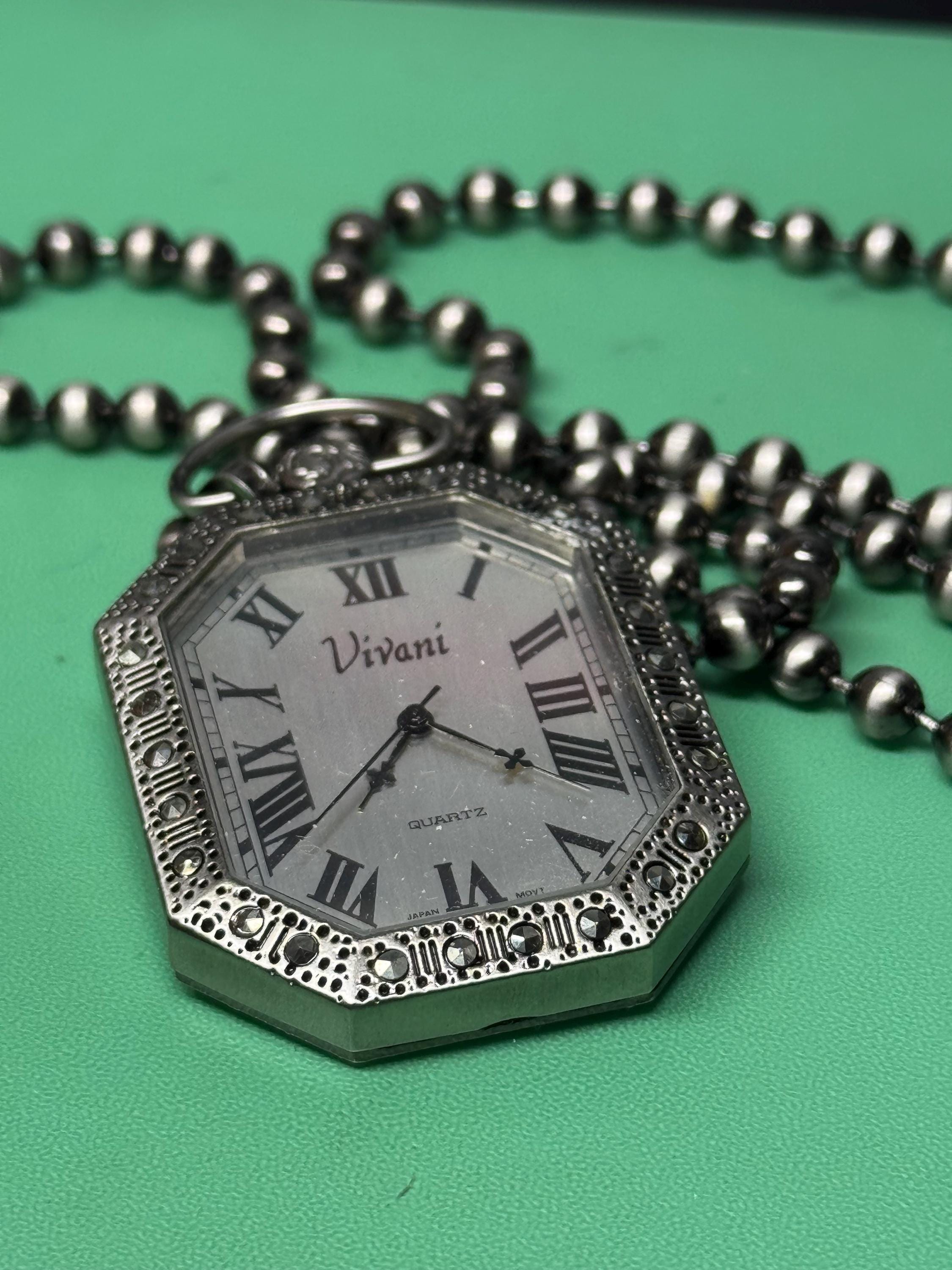 Vivani Ladies Marcasite Watch Pendant Necklace Silver Tone Swirl Bead 28\