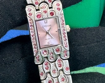 Timezone Red Rhinestone Bracelet Watch – Statement Silver-Tone Ladies Quartz – Fits 6.5 Inch Wrist