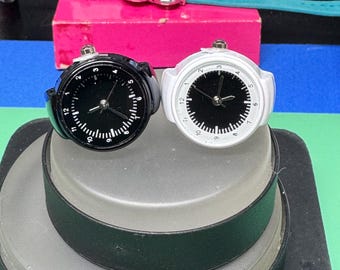 Two black & watch vintage style ring watches - fully working.