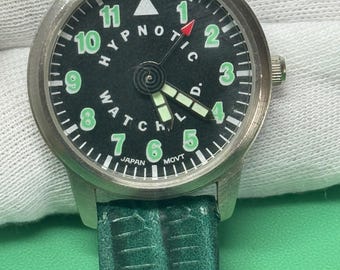 Vintage Hypnotic Watch - Japanese Quartz Movement with New Green Leather Strap