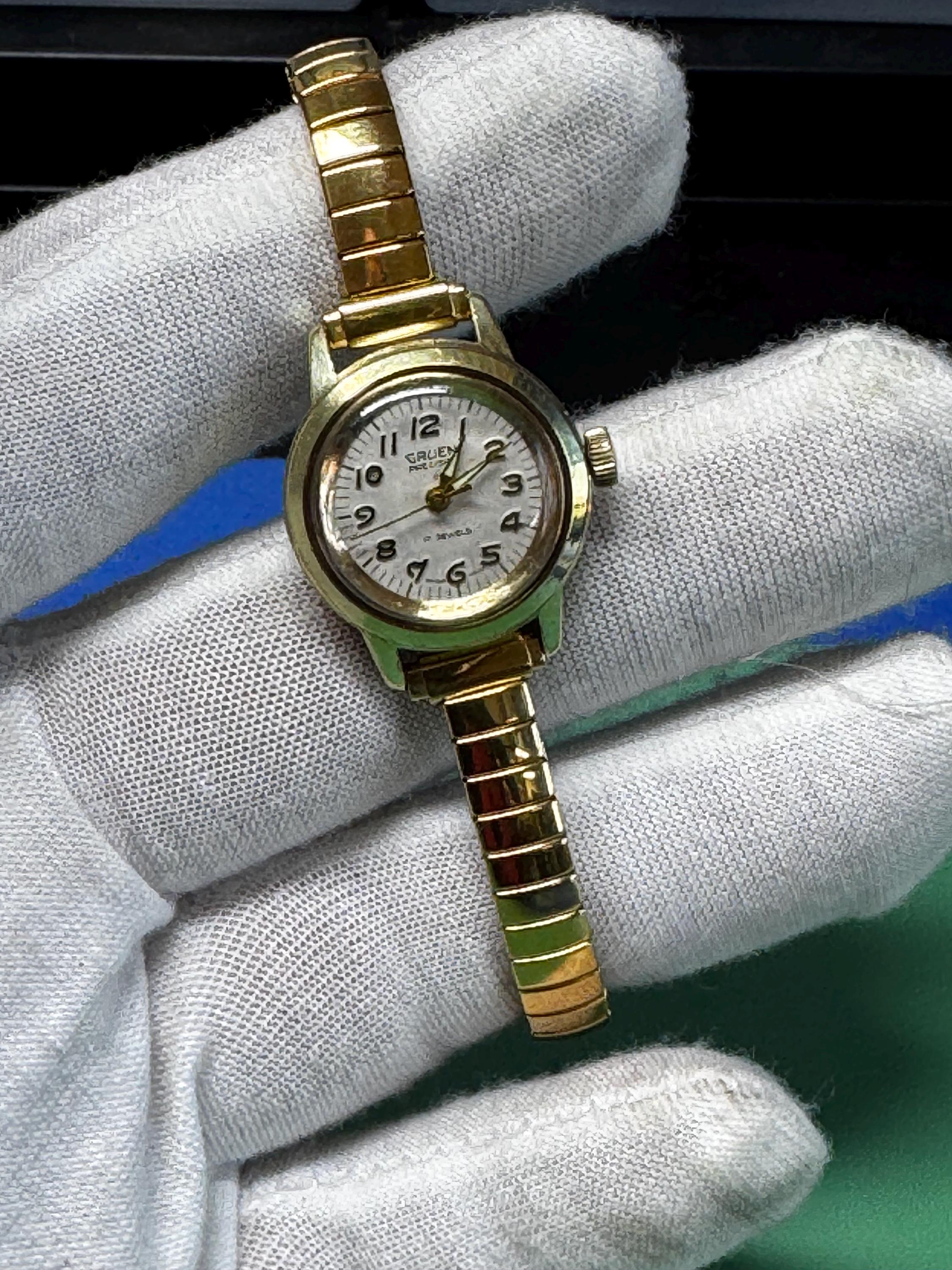 GRUEN vintage screw head silver gold nailhead watch bracelet statement set HSN Ladies GRUEN Cocktail Watch 14K White GOLD Cal. 275 17  main image 2