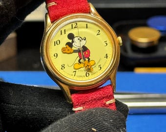Vintage Mickey Mouse Watch, Lorus Disney Quartz, Red Suede Strap