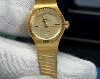 Vintage Jules Jurgensen Ladies Gold-Tone Quartz Watch with Diamond Accents - Elegant Mesh Bracelet