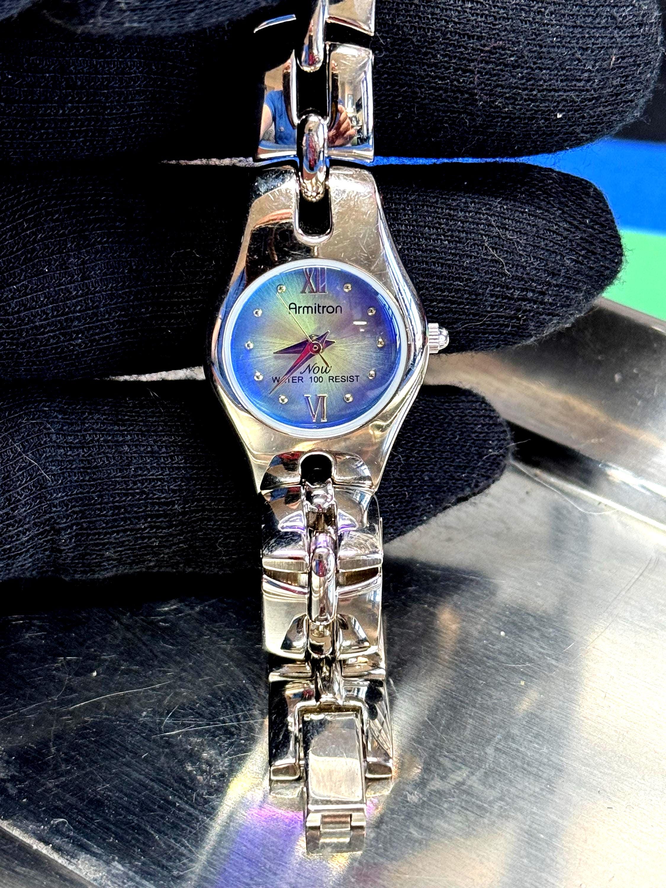 Vintage Armitron Now Bracelet Watch, Blue Iridescent Dial, Silver Tone…