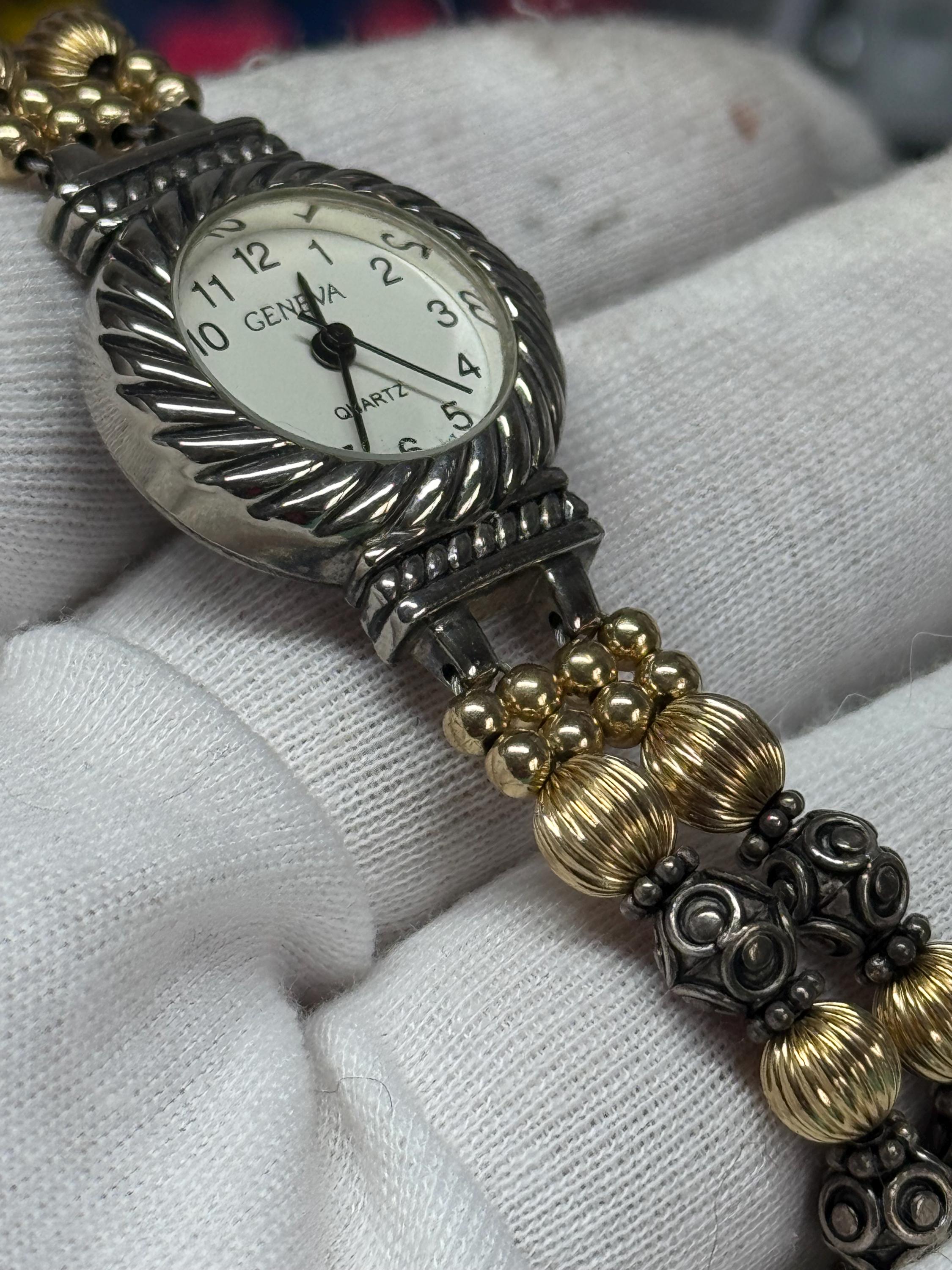 Vintage Geneva Wristwatch Watch Band Wrap Brown Beaded Crystals New Battery Vintage 1980s Geneva Watch. Has a gem cross in the middle, a  main image 3