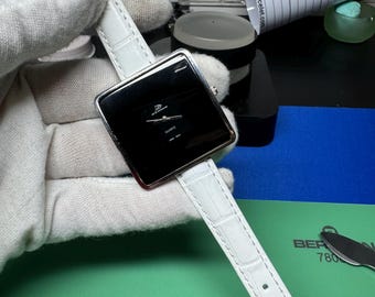 Vintage Mod Square Black Dial Watch: Minimalist White Leather Band