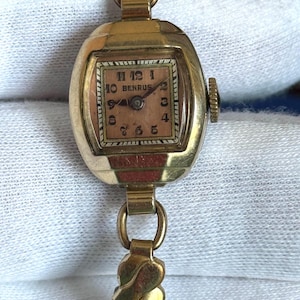 Vintage Benrus cocktailhorloge voor dames – 15 juwelen mechanisch – 10 kt gerold goud – roestkleurige wijzerplaat – jaren 40–50