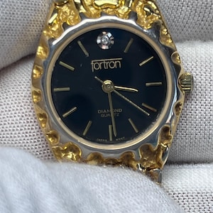 Chunky Vintage Fortunoff Diamond Quartz Watch with Intricate Gold-Tone Case and Bracelet