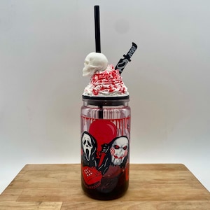 Custom Horror Movie Drip Tumbler W/ Faux whipped cream lid & 3D Printed Accessories.
