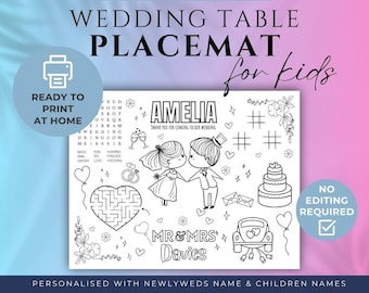 Placemat personalizado para colorear de bodas imprimible para niños, hoja de actividades para niños Descargar juego de recepción, archivo digital de tapete de mesa personalizado