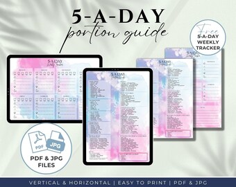Guía de porciones fácil para obtener 5 porciones de fruta y verdura al día / Seguimiento de frutas y verduras / Seguimiento de alimentación saludable / 5 al día