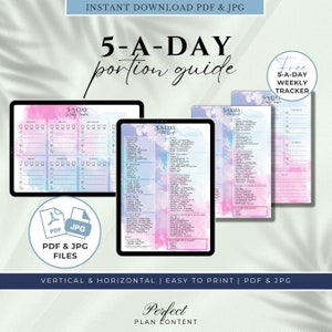 May include: A digital printable guide for a 5-a-day portion plan with a watercolour background. The guide includes a list of fruits, vegetables, and other food items. The guide also includes a weekly tracker.