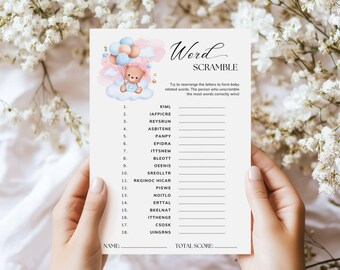 Juego de palabras para baby shower, adivinanza, rompehielos, imprimible, descarga instantánea, diseño de oso, género neutro