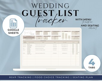 Rastreador de lista de invitados a la boda digital / Beige / Neutro / HOJAS DE CÁLCULO DE GOOGLE / Planificación de bodas / Rastreador de RSVP / Opciones de menú / Plano de asientos