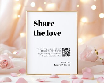 Letrero de boda con código QR "Captura el amor", imprimible para compartir el amor, tarjeta fotográfica de boda editable, plantilla digital minimalista para letrero de fiesta de boda