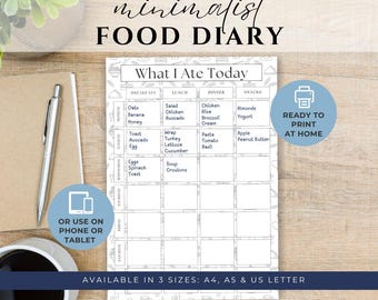 Diario de comidas / Diario de comidas IMPRIMIBLE / Registro de comidas / Página de diario imprimible / Registro de comidas / Página de planificación / Plan de comidas