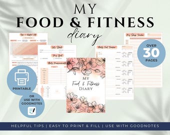 PDF imprimible de seguimiento de alimentos y estado físico / Planificador de comidas / Registro de entrenamiento / Diario de bienestar digital