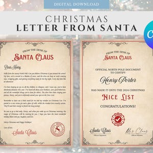 Carta personalizada do Papai Noel, Carta editável do Pai Natal, Modelo para impressão, Certificado de lista legal, Download instantâneo digital