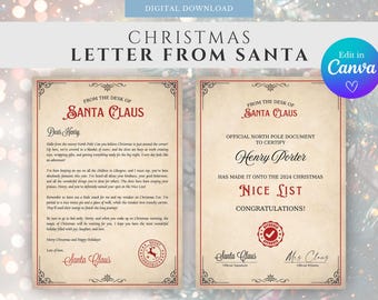 Carta personalizada de Papá Noel, carta editable de Papá Noel, plantilla imprimible, certificado de buena suerte, descarga digital instantánea