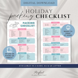 Printable Holiday Packing List, Travel Checklist Editable, Travel Planner, Vacation Organizer, Beach Holiday Checklist, Trip Packing Lists
