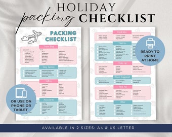 Lista de embalaje de vacaciones imprimible, lista de verificación de viaje editable, planificador de viajes, organizador de vacaciones, lista de verificación de vacaciones en la playa, listas de embalaje de viaje
