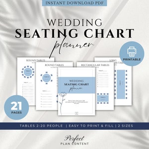 May include: Printable wedding seating chart planner with 21 pages. The planner includes templates for round and rectangular tables, with space to write guest names. The text on the cover reads "Wedding Seating Chart Planner".