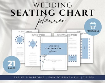 Planificador de tabla de asientos de mesa de boda imprimible, Organizador de plan de mesa azul, Plantilla de asientos de desayuno de boda, Redondo, Rectángulo, Mesas de granero