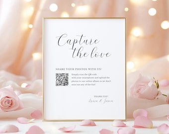 Letrero de boda con código QR "Captura el amor", imprimible para compartir el amor, tarjeta fotográfica de boda editable, plantilla digital minimalista para letrero de fiesta de boda