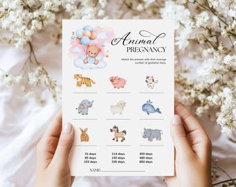 Juego de embarazo de animales para baby shower, gestación animal, rompehielos divertido, actividad imprimible, descarga instantánea, rompecabezas de oso tierno, género neutro