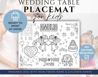 Mantel individual para colorear de boda imprimible personalizado para niños, MRS & MRS, descarga de hoja de actividades para niños, archivo digital de mantel personalizado
