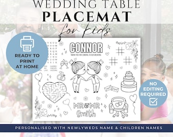 Mantel individual para colorear de boda imprimible personalizado para niños, MR&MR, descarga de hoja de actividades para niños, archivo digital de tapete de mesa personalizado