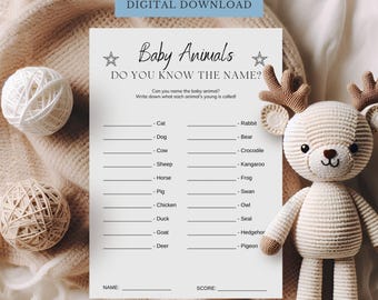 Animales bebés – Adivina el nombre del animal – Juego para baby shower – Rompehielos divertido - Actividad imprimible - Descarga instantánea - Diseño minimalista