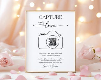 Letrero de boda con código QR "Captura el amor", imprimible para compartir el amor, tarjeta fotográfica de boda editable, plantilla digital minimalista para letrero de fiesta de boda