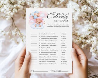 Juego de nombres de famosos para baby shower, nombres de bebés, divertido rompehielos, actividad imprimible, descarga instantánea, rompecabezas de oso tierno, género neutro
