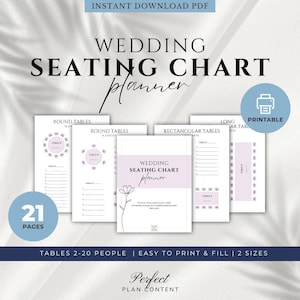 Könnte beinhalten: Druckbarer Hochzeitssitzplan-Planer mit 21 Seiten. Der Planer enthält Vorlagen für runde Tische, rechteckige Tische und lange Tische. Der Planer wurde entwickelt, um Ihnen zu helfen, Ihren Hochzeitssitzplan einfach zu arrangieren.