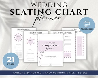 Planificador de tabla de asientos de mesa de boda imprimible, Organizador de plan de mesa lila, Plantilla de asientos de desayuno de boda, Redondo, Rectángulo, Mesas de granero