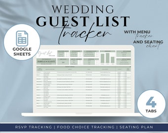 Seguimiento de la lista de invitados a la boda digital / Sage / GOOGLE SHEETS / Planificación de bodas / Seguimiento de RSVP / Opciones de menú / Plano de asientos