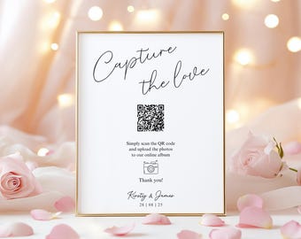 Letrero de boda con código QR "Captura el amor", imprimible para compartir el amor, tarjeta fotográfica de boda editable, plantilla digital minimalista para letrero de fiesta de boda