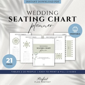 May include: Printable wedding seating chart planner with 21 pages. The planner includes templates for round and rectangular tables, with space to list guest names. The planner is designed to help you easily plan your wedding seating arrangement.