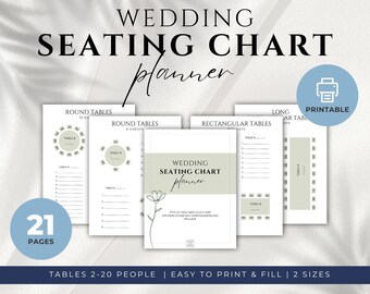 Planificador de gráficos de asientos de mesa de boda imprimible, Organizador de planes de mesa verde, Plantilla de asientos para desayuno de boda, Redondo, Rectángulo, Mesas de granero