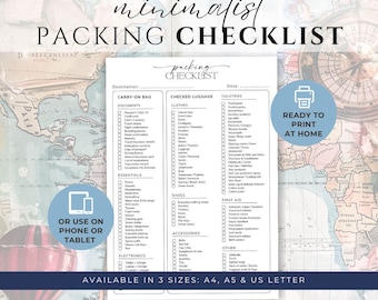 Lista de equipaje imprimible minimalista para vacaciones, lista de verificación de viaje editable, planificador de viajes, organizador de vacaciones, vacaciones en la playa, listas de equipaje para viajes