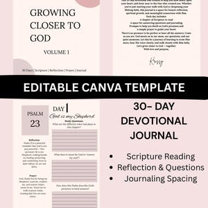 Editable 30-Day Devotional Journal Template (Canva), Scripture Reflection, Prayer Guide