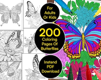 200 Schmetterlinge Malvorlagen für Kinder und Erwachsene | Sofortiger Download Druckbare PDF-Datei