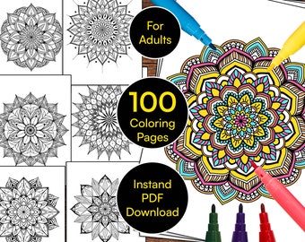 100 Páginas para Colorear con Diseños de Mandalas para Adultos / Descarga Instantánea PDF Imprimible